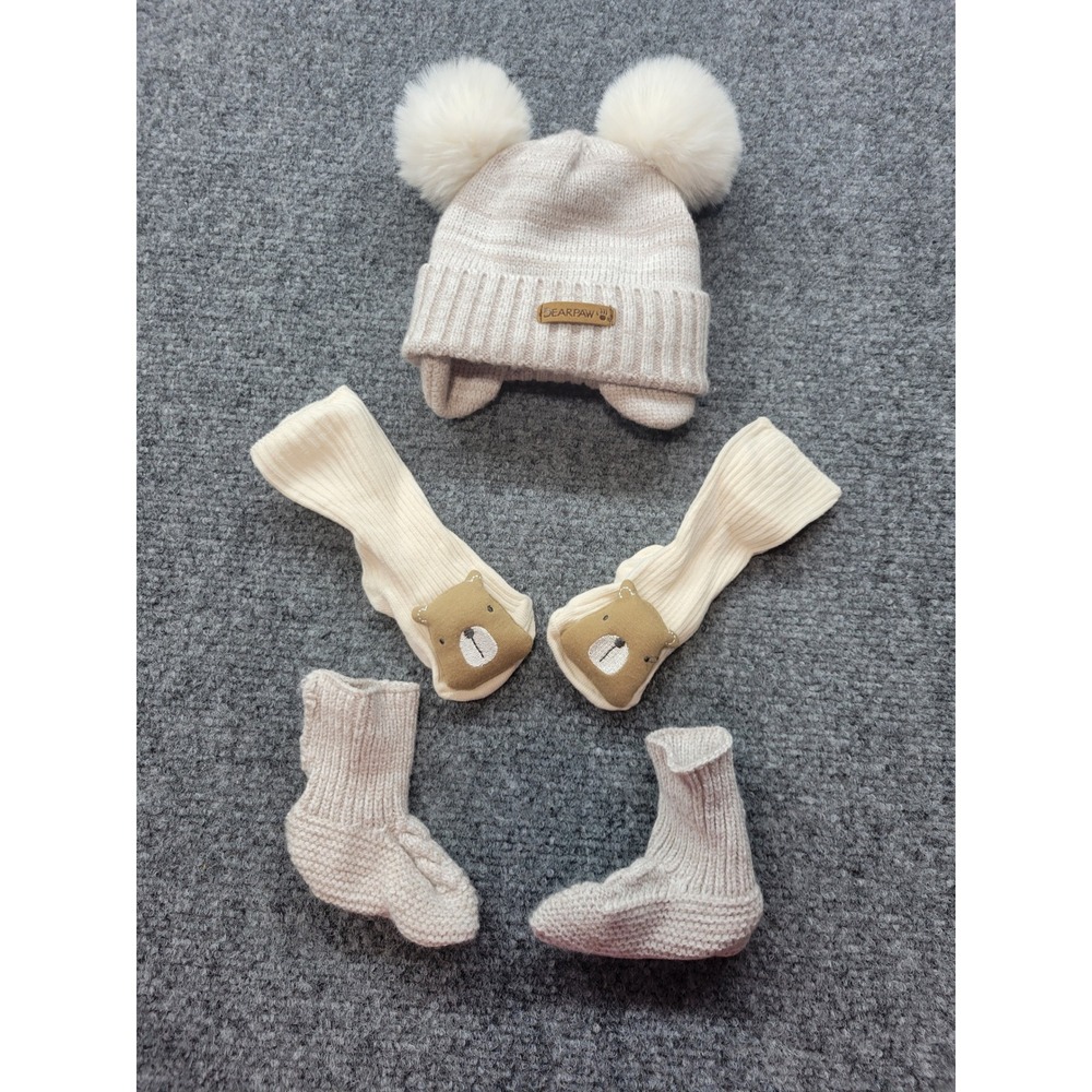 Bearpaw Baby Knit Beanie Pom Pom Hat Socks and Booties Set Cream Tan 0-6 Months